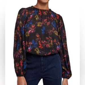 Bella Dahl Shirred Floral Top Elastic Waist Hem Feminine Botanical Size XS